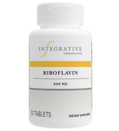 Supplement bottle labeled 'Integrative Therapeutics Riboflavin 400 mg' on a gradient background